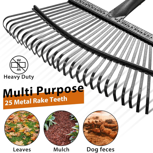 Rake, 65 Inch Long Garden Rake, 25 Tines 18 Inch Wide Heavy Duty Metal Leaf Rake - Picture 4 of 7