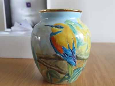 Elliot Hall Emaille. Tropische Vögel. Bemalte Innenvase. neu