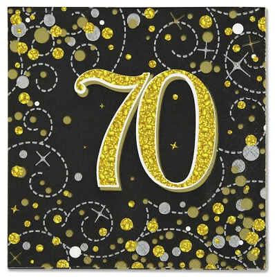 OAKTREE 70th Birthday Party Napkins Luxury 3 ply Black Gold Foil Age 70 Paper Serviettes