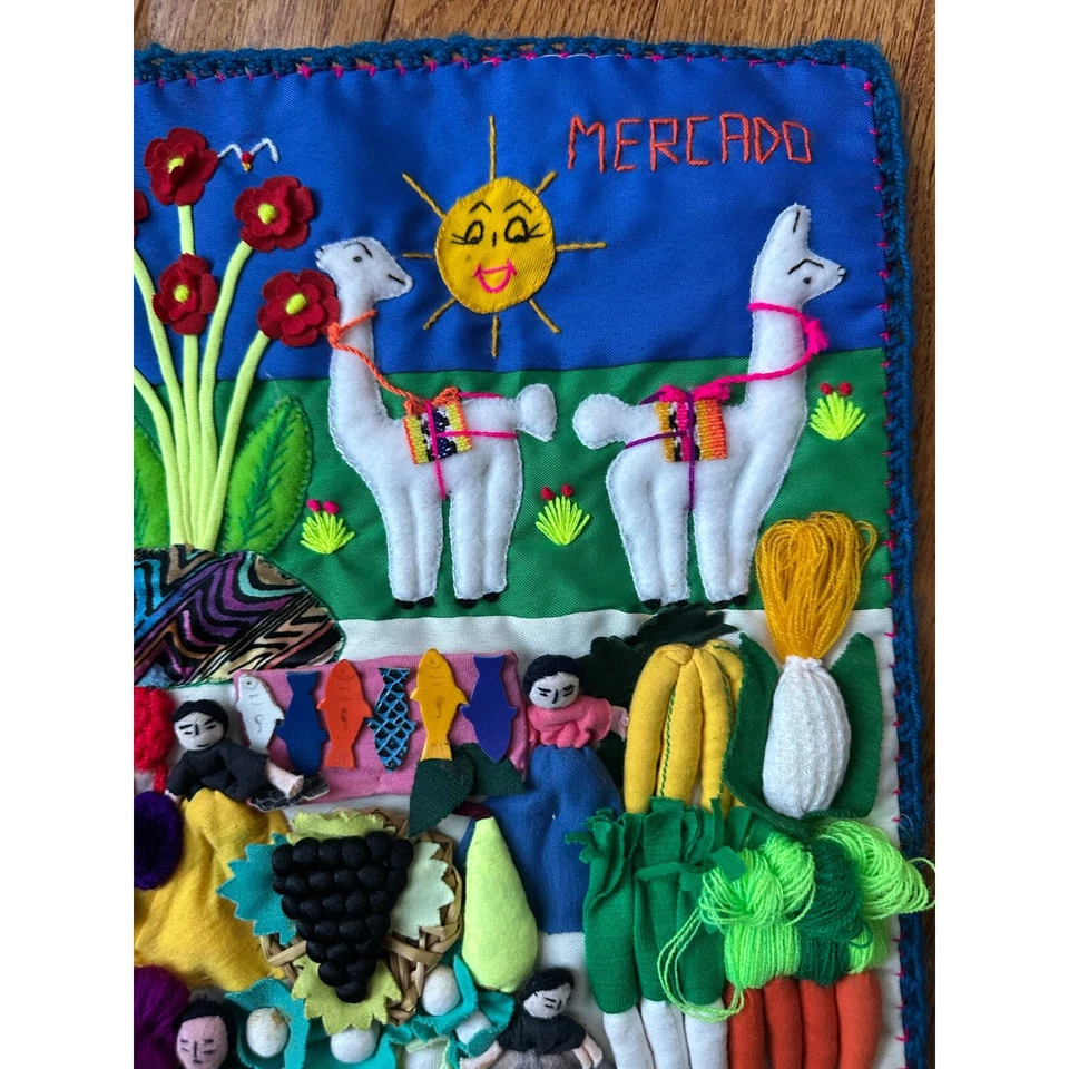 Vintage Peruvian Arpilleras Folk Art Handmade Mercado Wall Hanging Tapestry 18” - Image 3 of 4