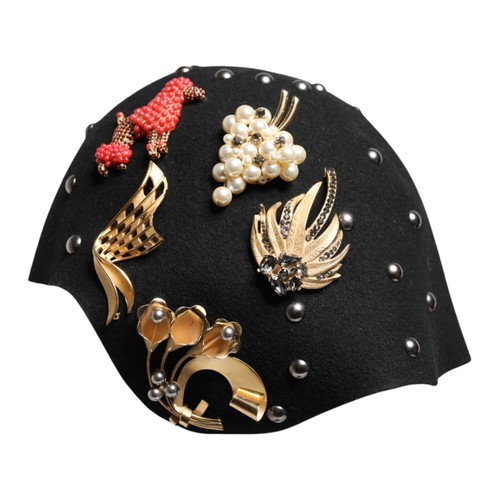 DOLCE & GABBANA Hat Black Wool Multicolor Embellishment Cloche One Size 2180usd