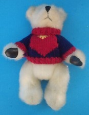 Plush Jointed White Teddy Bear Wearing Red Knit Sweater Leather Soles on Feet