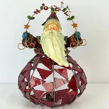 Vintage Christmas Stained Glass Santa Claus Tea Light Candle Holder NOEL