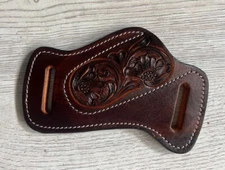 New! 6"HAND MADE EDC LEATHER ENGRAVED HORIZONTAL SHEATH FOR FOLDING POKET KNIFE