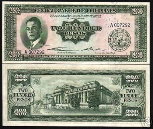 Philippines 200 PESOS P-140 1949 "LEGISLATIVE BUILDING" World Currency UNC NOTE