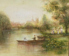 Bellissimo acquerello antico, scena vittoriana di nautica fluviale firmata - G RAE