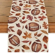  Rugby Maple Leaves Football Fall Table Runner, 13" x 36", Table Runner Brown