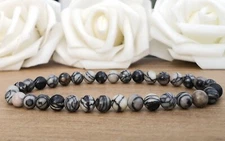6mm Natural Black Silk Stone Bead Stretchy Stack Bracelet, Web Jasper, Netstone