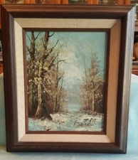 D HUL? OR P HUL? FRAMED 8x10 PAINTING, 12X14 FRAME, WINTER FOREST SCENE