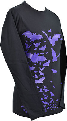DAMEN SCHWARZ LANGARM TOP FLOCK OF LILA FLEDERMÄUSE GOTH HALLOWEEN VAMPIRE S-2XL