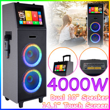 4000W Dual 10" Subwoofer Bluetooth Karaoke Speaker w/ 2 Mics 14.1" Touchscreen