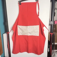 Vtg Handmade Red Apron with Floral Pocket – Adjustable Neck – Kitchen Apron