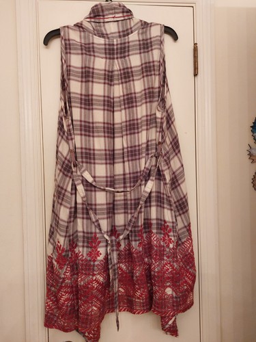 JOHNNY WAS BROWN/IVORY PLAID EMBROIDERED SLEEVELESS DUSTER VEST - SIZE MEDIUM - Picture 2 of 5