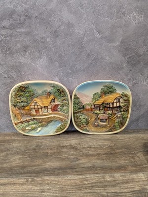 Vintage Chalkware English Garden Wall Plates by A Legend Co Made in England 1980