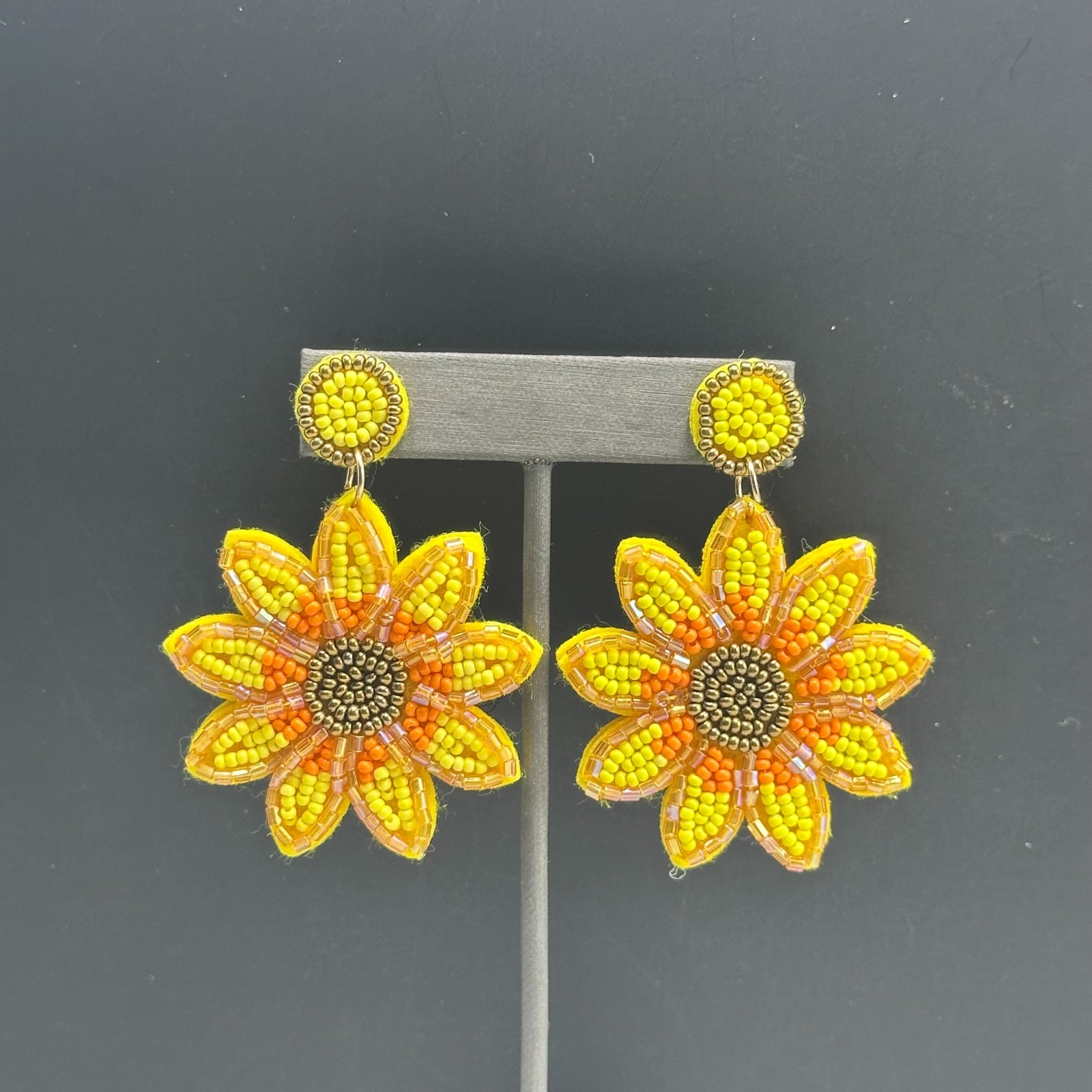 Sunflower Beaded Dangle Earrings Yellow Seed Bead… - image 3