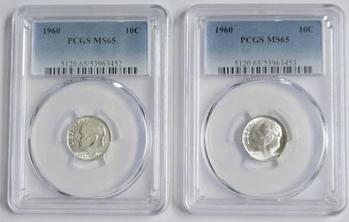 Lot of (2) 1960 90% SILVER PCGS MS65 ROOSEVELT DIME BEAUTIFUL BLAST WHITE COIN