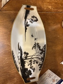 Nippon Porcelain Vanity Tray Black Gold Scenic Serving Tray Japan Hand Painted