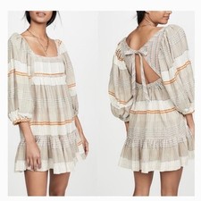 Free People Cozy Stripe Mini Dress Medium Tie Back Balloon Sleeve Bohemian sz Md