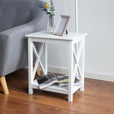 Sofa Bed Side Table 2 Tier Table Wooden Shelves X Leg Design Storage Furniture