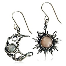 Antiqued Silver Sun Moon Earrings for Women, Bohemian Celestial Moonstone Dan...