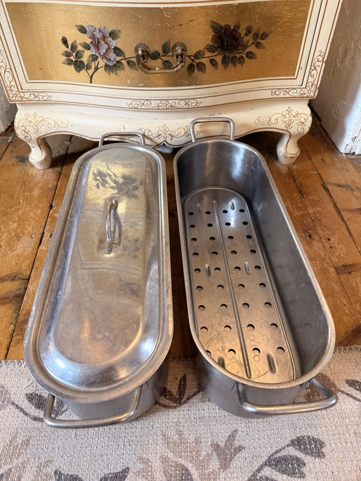 2x Vintage Aluminum Fish Poaching Steaming Pans Lid Handles Oval