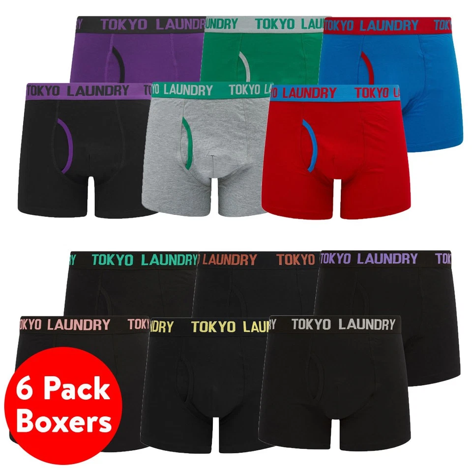 Tokyo Laundry Mens Boxers 6 Pack Boxer Shorts Set Black Stretch Cotton Underwear