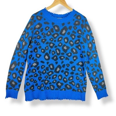 Aqua Cashmere Leopard Sweater Womens Size Large Cobalt Blue Black Animal Print