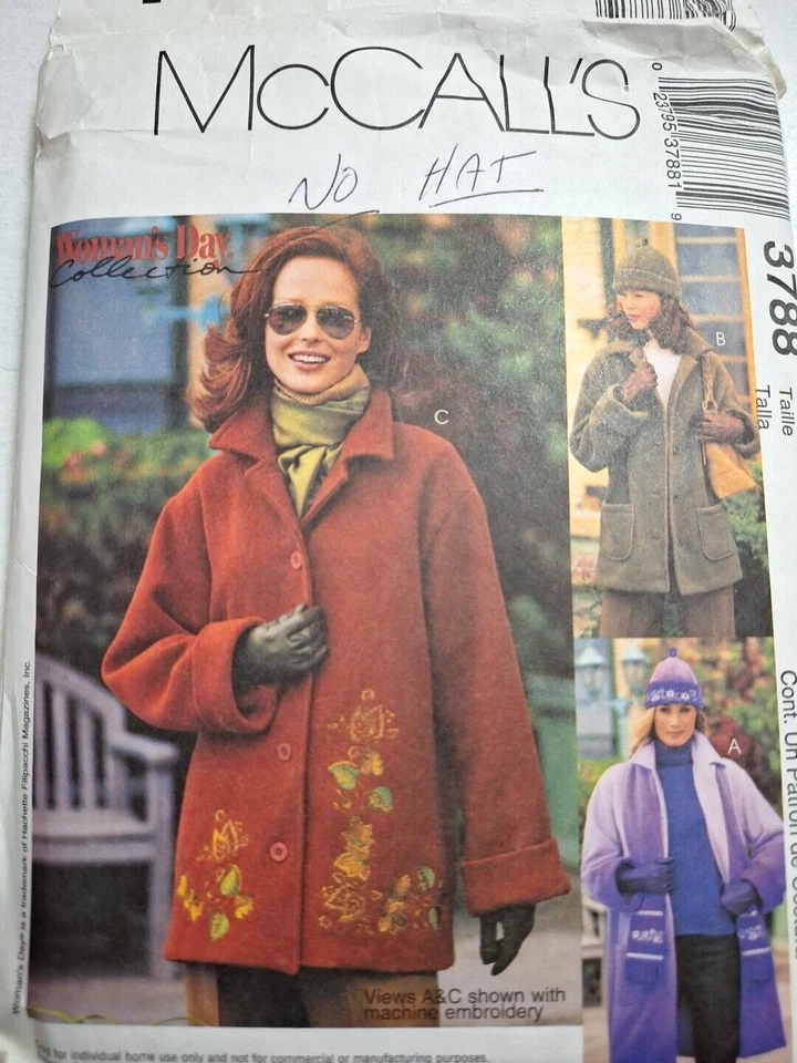 Coat Jacket Scarf Fleece Pockets XS S M McCalls 3788 Sewing Pattern Cut NO HAT - Image 2 of 4