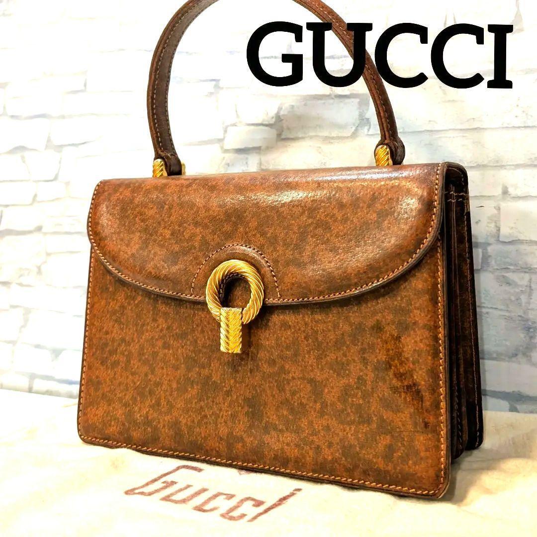 GUCCI Vintage Brown Leather Top Handle Bag with Gold Hardware