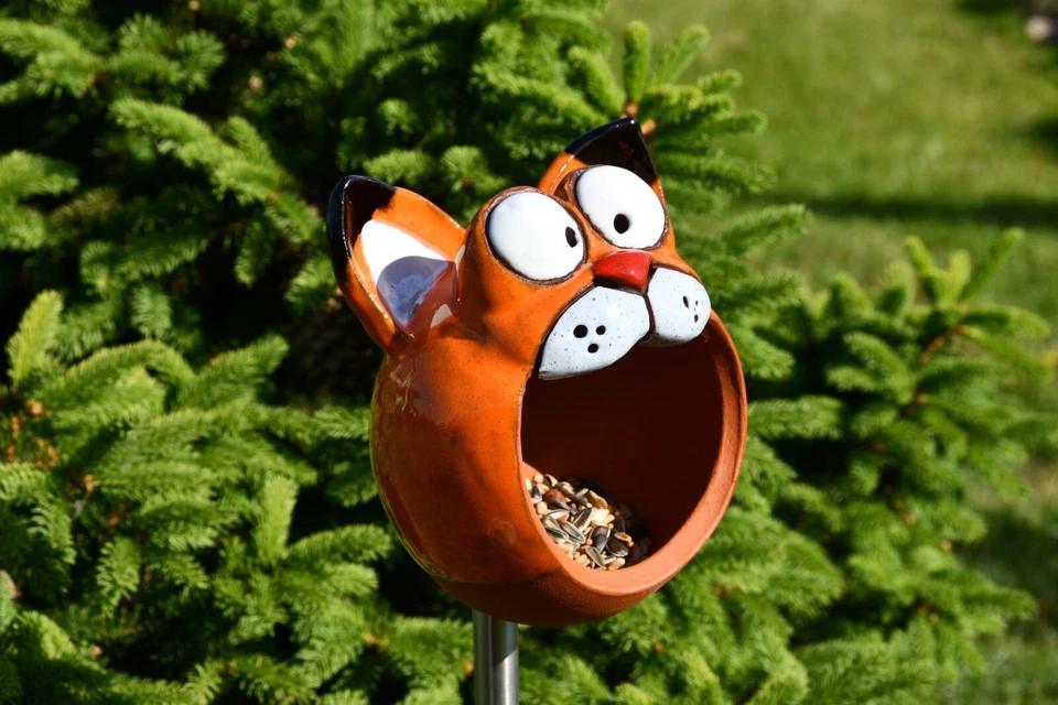 Cerámica Decoración Jardín, Estaca Césped Gato - Alimentador Pájaros Exterior Estatua H 13cm Foto 3 de 4