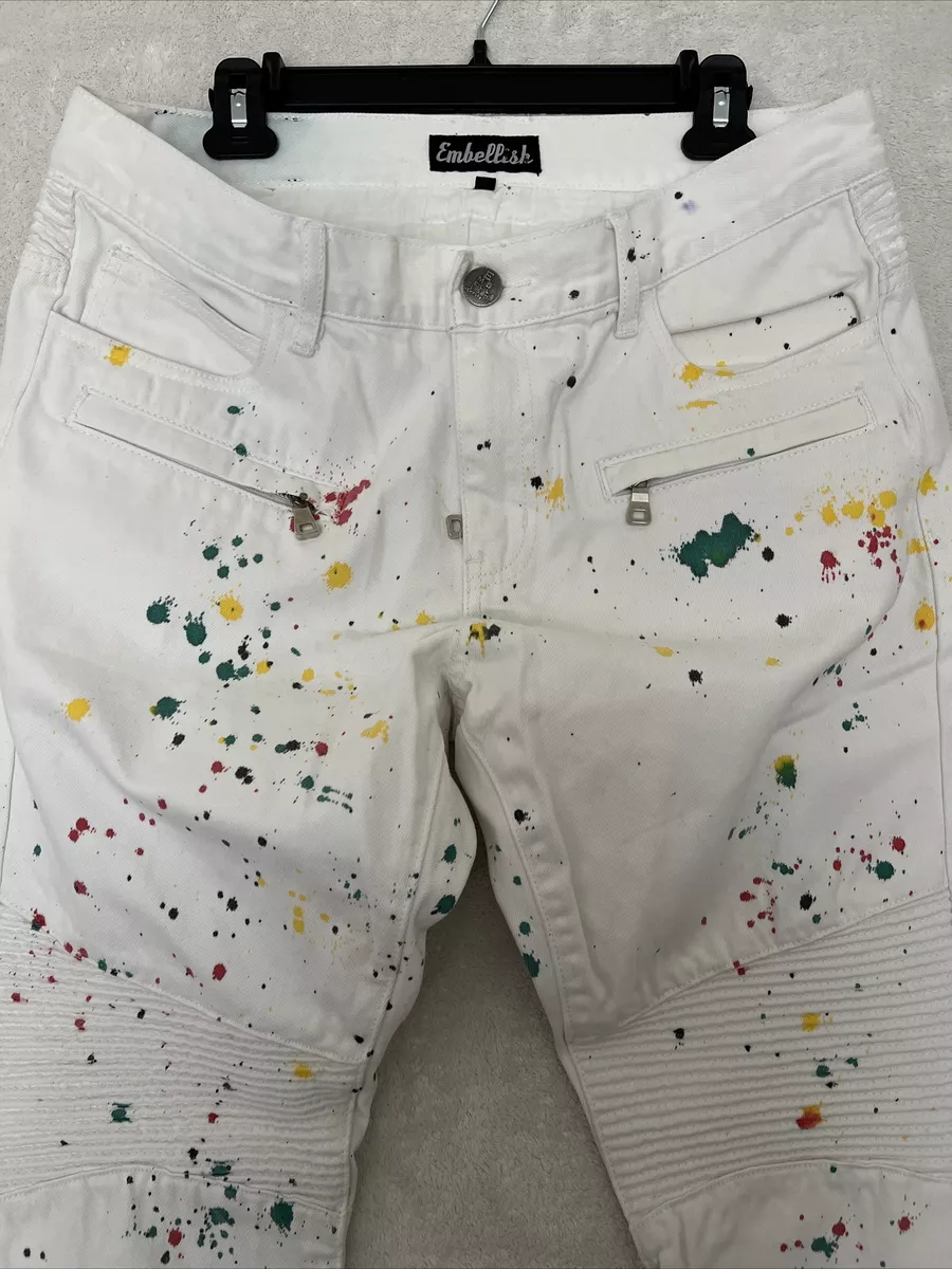 Embellish Men s Jeans 34 White w Paint Splatter Distressed