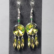 Dangle Ying Yang Earrings Green Mid Century Modernist Boho Pierced 2.25"