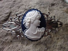 VICTORIAN WOMAN PORTRAIT CAMEO SILVER FILIGREE BARRETTE - HANDMADE - WHITE/BLUE