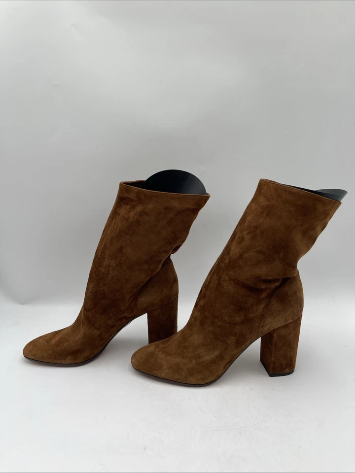 Aquazzura Marrón Gamuza Punta Redonda Cremallera Lateral Tacón Bloque Botines Mujer Talla 38.5 Foto 3 de 4