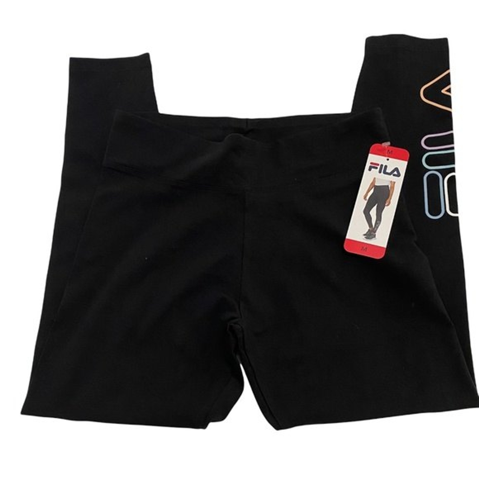 FILA Leggings Donna Nero Multicolore Logo Gamba Activewear Yoga Taglia Media Nuovo con etichette
