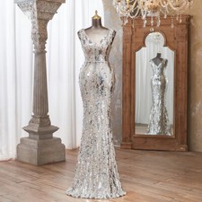 Luxury Silver Sequin V-Neck Slim Fit Sleeveless Glitter Mermaid Evening Dress