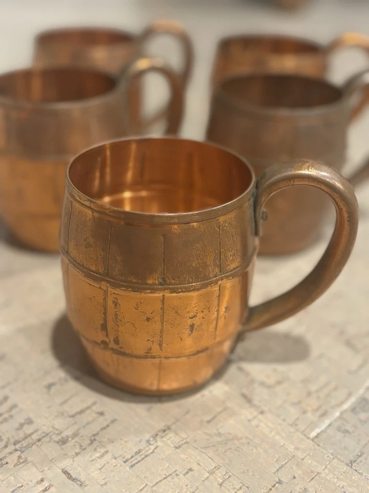 5 Винтажный WEST BEND твердого меди кружка ствол дизайн деревянный ствол стиль. Комплект из 5 - Изображение 3 из 4