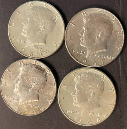 lot of 4 coins  2-1964 50C Kennedy Half 90% silver and 1-1966,1-1967 40% silver