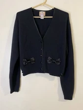 Field Manor Women’s Black Bow Tie Pockets Cardigan Lambswool Angora  Sweater