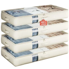4 Pack Soft-Sided Underbed Storage Bags, White Ivory, Foldable, Window, Fabric