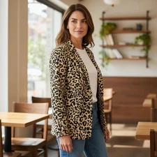 Chico's Jacket Leopard Velveteen Long Sleeve Camel Open Blazer Size S *see Chart