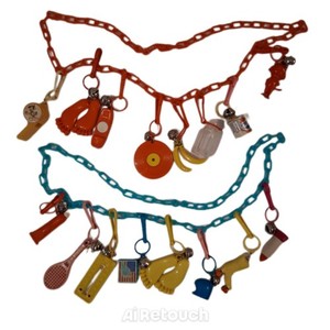 1980's VINTAGE BELL CLIP CHARM 2 NECKLACE Chains +14 PLASTIC 80'S CHARMS!