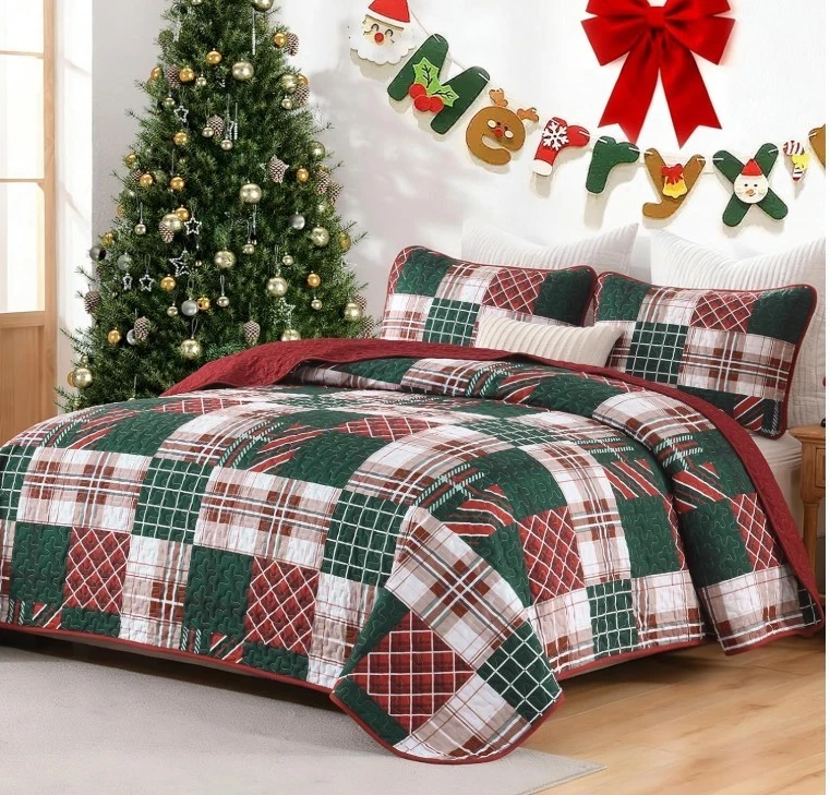 Juego de colcha de edredón de Navidad tamaño queen, Navidad rojo y azul patrón de cuadros juego Q Foto 2 de 4