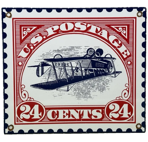 VINTAGE US POSTAGE 24¢ PORCELAIN SIGN POST OFFICE USPS MAIL STAMP PLANE GAS OIL