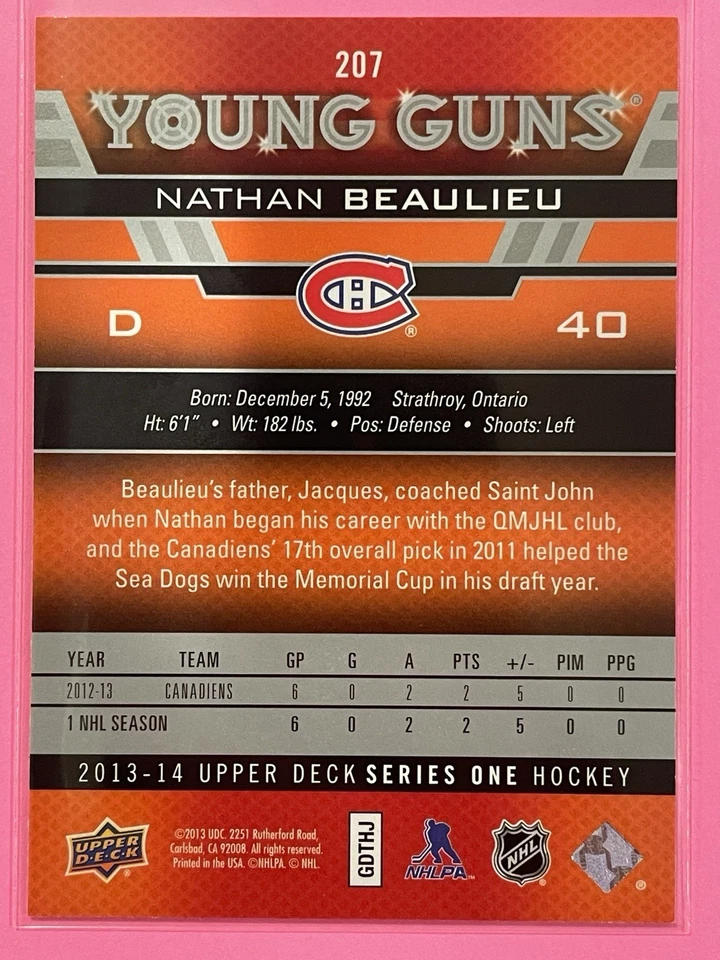2013-14 Upper Deck Nathan Beaulieu Young Guns Rookie RC #207 Hockey Canadiens - Image 2 of 2