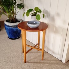 Vintage Small Teak Round Coffee Side Table Folding Bedside End Table Plant Stand