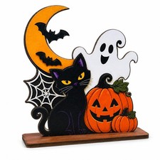 Halloween Wooden Tabletop Decoration, Cute Ghost Pumpkin Black Cat Decor, Spo...