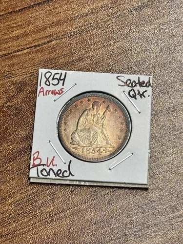 1854 Arrows Seated Liberty Quarter BU Uncirculated MS+ Toned Type Coin (Raw18151