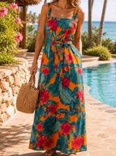 Forever 21 Tropical Floral Maxi Dress Sz S Orange Tie Waist Open Back Hawaii
