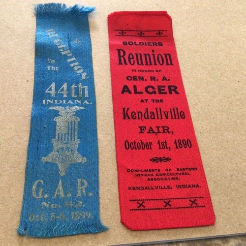 Vintage GAR. Ribbons Indiana Soldiers Reunion Kendallville1880+ 1899 44th Recep